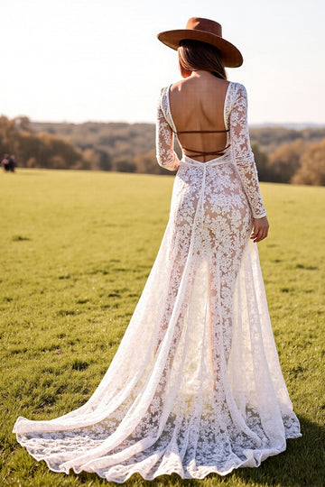 White Mermaid Lace Sweep Train Western Wedding Dress with Slit